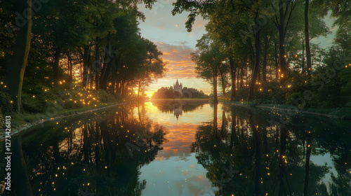 
An enchanted forest at dusk, a river flowing through the landscape, the horizon glowing with a stunning sunset, a castle silhouetted against the colorful sky, ultra-realistic