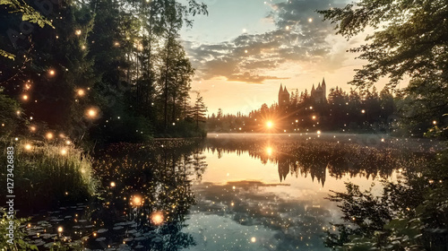 
An enchanted forest at dusk, a river flowing through the landscape, the horizon glowing with a stunning sunset, a castle silhouetted against the colorful sky, ultra-realistic