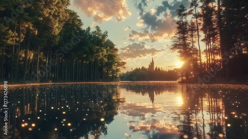 
An enchanted forest at dusk, a river flowing through the landscape, the horizon glowing with a stunning sunset, a castle silhouetted against the colorful sky, ultra-realistic