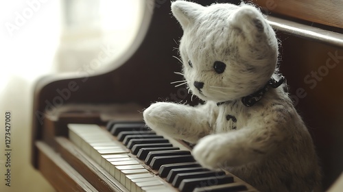 Stuffed cat playing a tiny toy piano with classical music theme