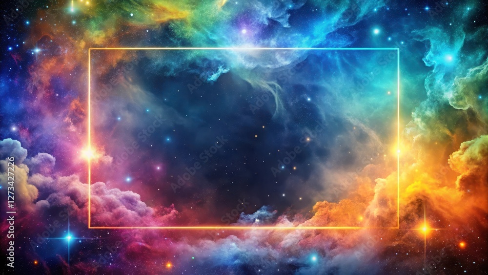 Obraz premium A Celestial Canvas Glowing Golden Frame Envelops Vibrant Nebulae and Sparkling Stars