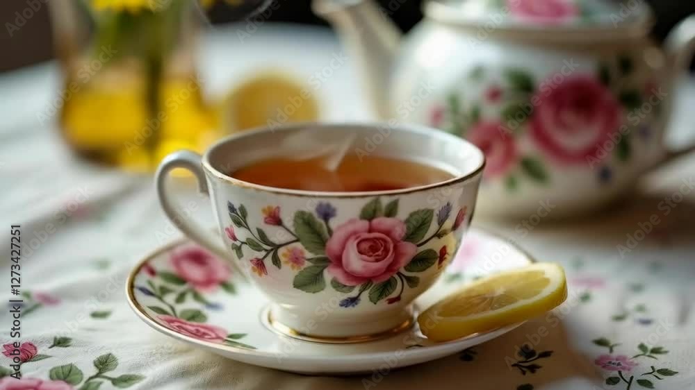 A tea cup with a saucer decorated with a pattern of pink flowers and green leaves. Tea is poured into the cup, and there is a slice of lemon on its edge. A tea cup with a saucer decorated with a pattern of pink flowers and green leaves. Tea is poured into the cup, and there is a slice of lemon on its edge.