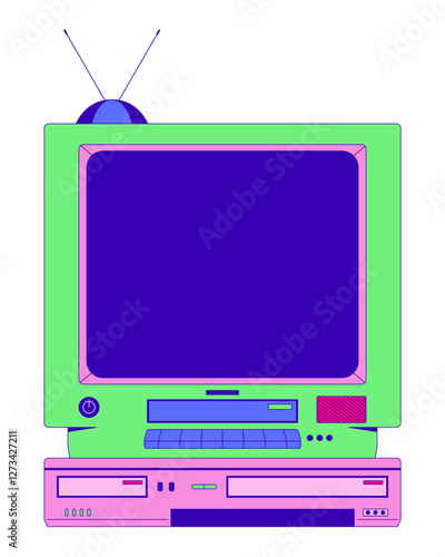 Retro television with DVD player 2D cartoon object. Vintage TV with antenna. Nostalgic tech. Floppy drive. 90s technology isolated element flat vector clipart on white background. Spot illustration