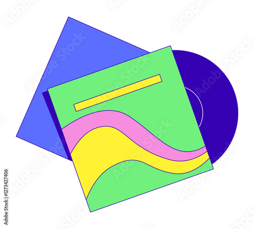 Vinyl record partially inserted in album cover 2D cartoon object. Physical media. Vintage vibes. Retro music lp sleeve isolated element flat vector clipart on white background. Spot illustration