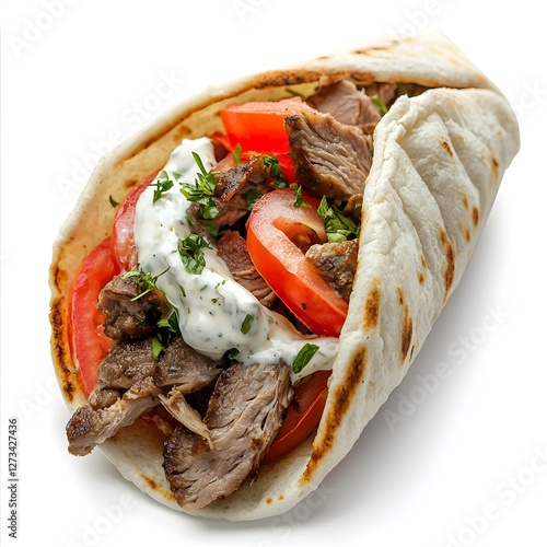 Gyros with Lamb, Tomatoes, and Onions in Side View with No Background