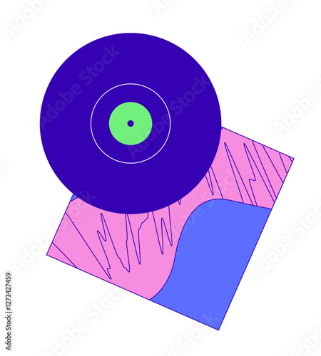 Vinyl record with artistic sleeve 2D cartoon object. Physical media. Music nostalgia and classic records. Retro lp disc isolated element flat vector clipart on white background. Spot illustration