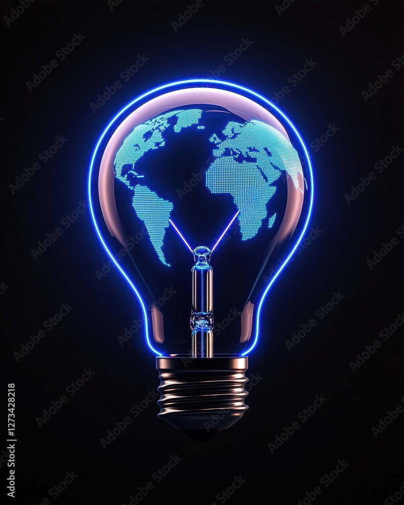 A glowing light bulb with a world map, symbolizing global innovation and sustainability in technology. A glowing light bulb with a world map, symbolizing global innovation and sustainability in technology.