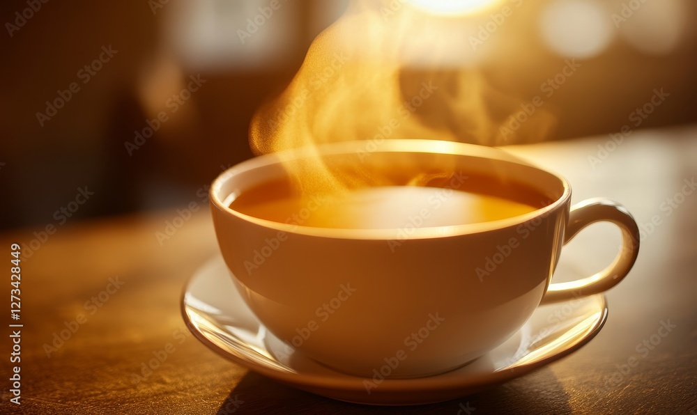 Obraz premium Steaming tea cup basking warm sunlight.
