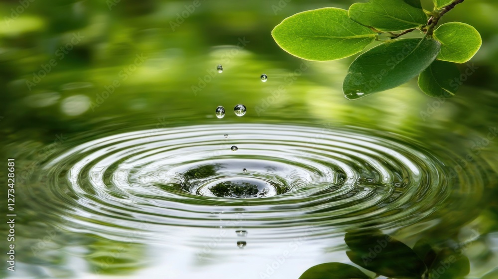 Water droplets creating ripples on the water with leaves Water droplets creating ripples on the water with leaves