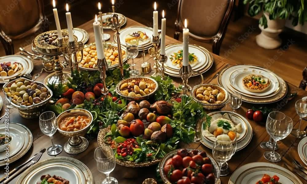 Lavish Golden Table Setting with Gourmet Food and Candles Lavish Golden Table Setting with Gourmet Food and Candles