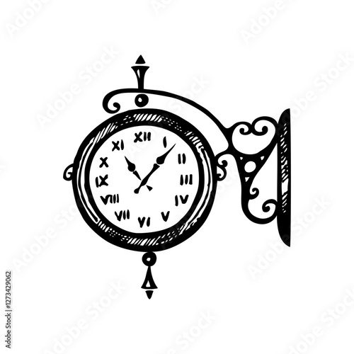 Hand drawn vintage street clock, sketch illustration photo