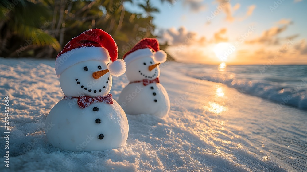 Obraz premium Festive Snowmen on Tropical Beach Enjoying Christmas Cheer