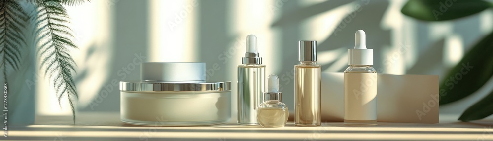 Various skincare products arranged elegantly with plants and natural light Various skincare products arranged elegantly with plants and natural light