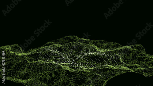 Vector glowing green wave with motion dots and top view. Abstract digital background. Concept connection big data. Futuristic technology backdrop.