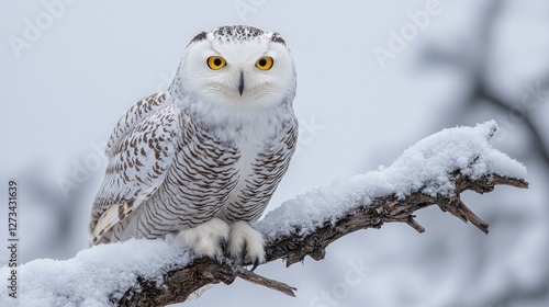 Snowy Owl Perched on a Snow Covered Branch in Winter photo