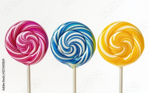 Colorful hard candy lollipops swirled with bright colors isolated on white