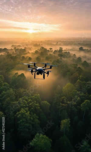 Drone Soaring Over Misty Rainforest at Sunrise