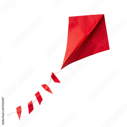 Red kite made of lightweight material with triangular tails for flying in open spaces on sunny days