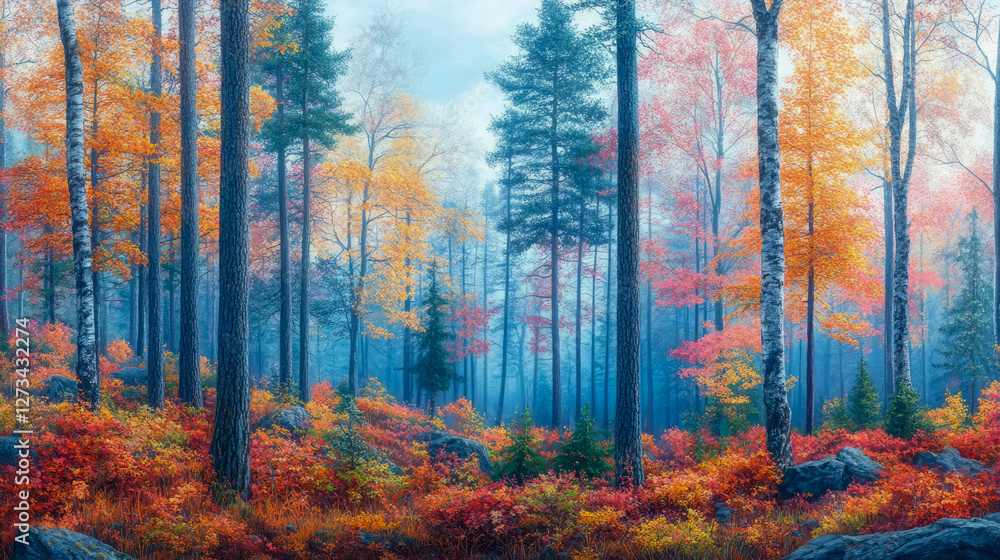 Autumnal tapestry: Forest scene with vibrant fall foliage and misty atmosphere, creating a serene and colorful woodland landscape Autumnal tapestry: Forest scene with vibrant fall foliage and misty atmosphere, creating a serene and colorful woodland landscape