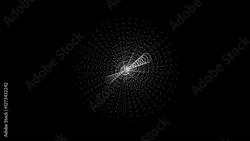 Abstract black sci-fi sphere with particles and lines. Technology network connection on world. Futuristic vector illustration. Global digital connections ai. 3D wireframe geometric sphere.