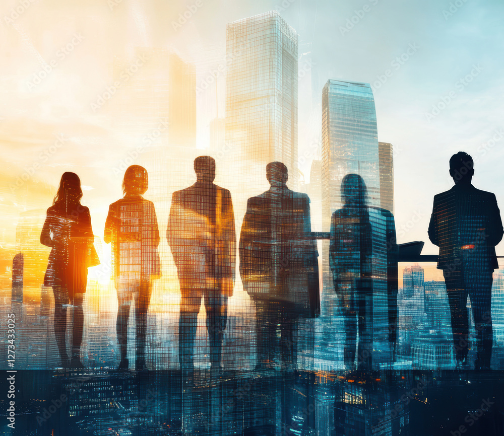 Silhouettes of diverse business professionals against cityscape at sunset Silhouettes of diverse business professionals against cityscape at sunset