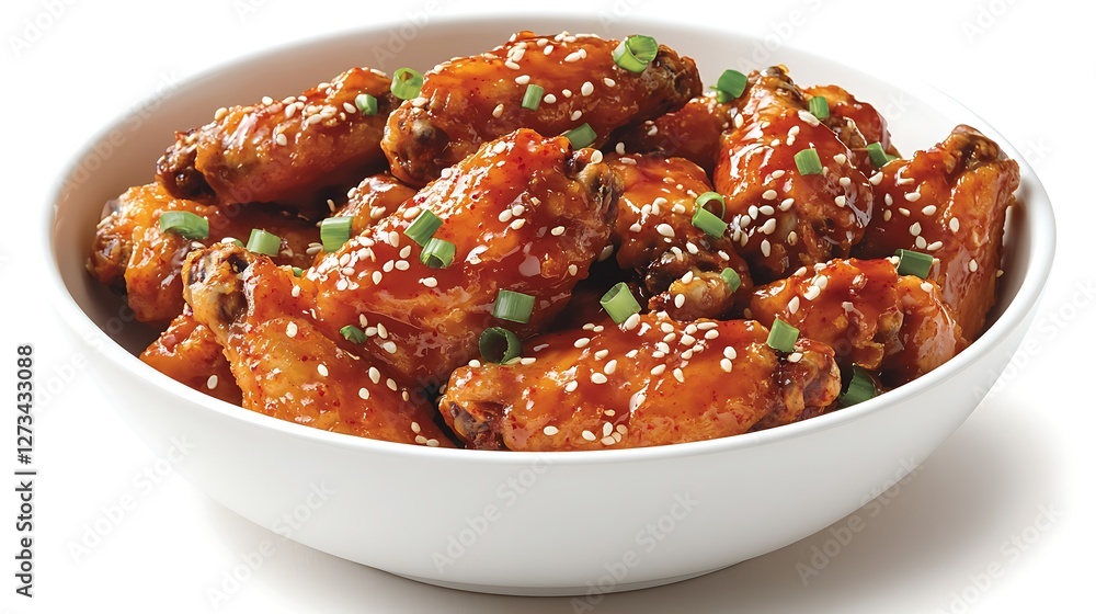 A bowl of Korean-style spicy chicken wings coated in a sweet and spicy glaze A bowl of Korean-style spicy chicken wings coated in a sweet and spicy glaze