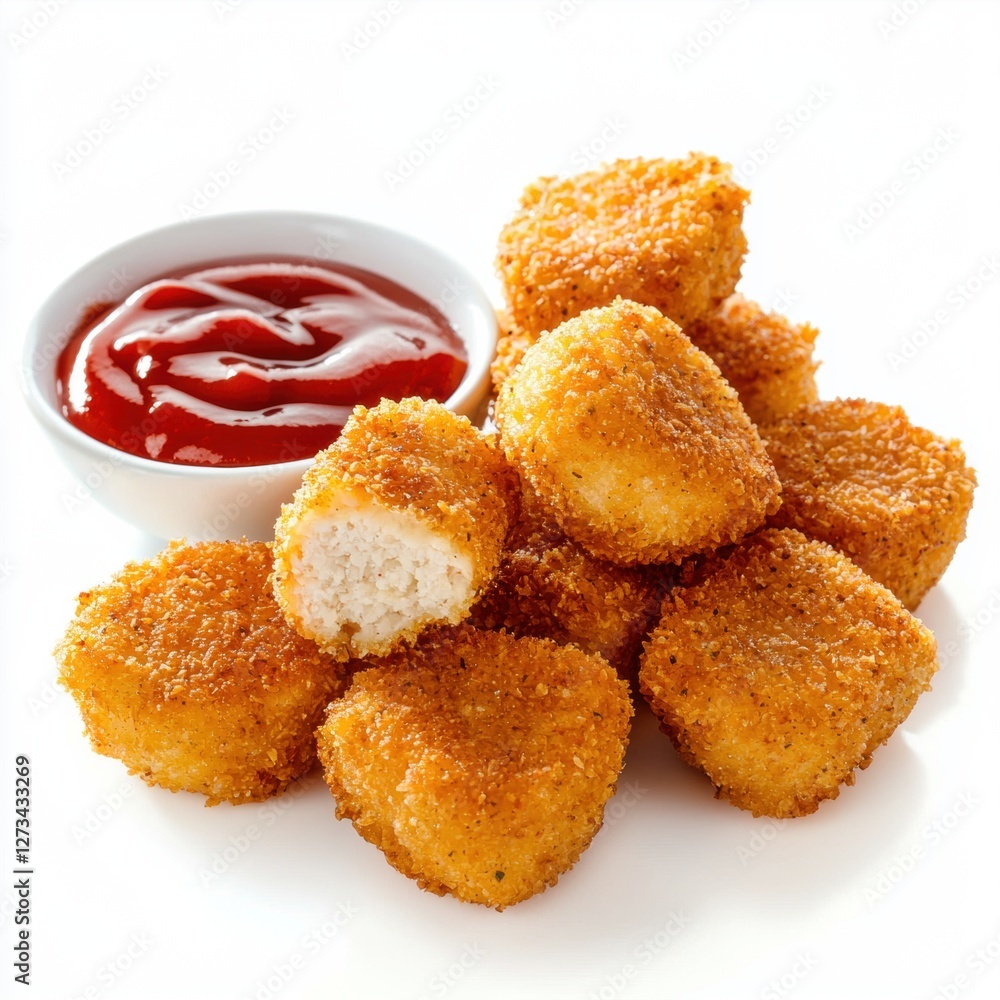 Crispy panko-crusted chicken nuggets with ketchup isolated on white Crispy panko-crusted chicken nuggets with ketchup isolated on white