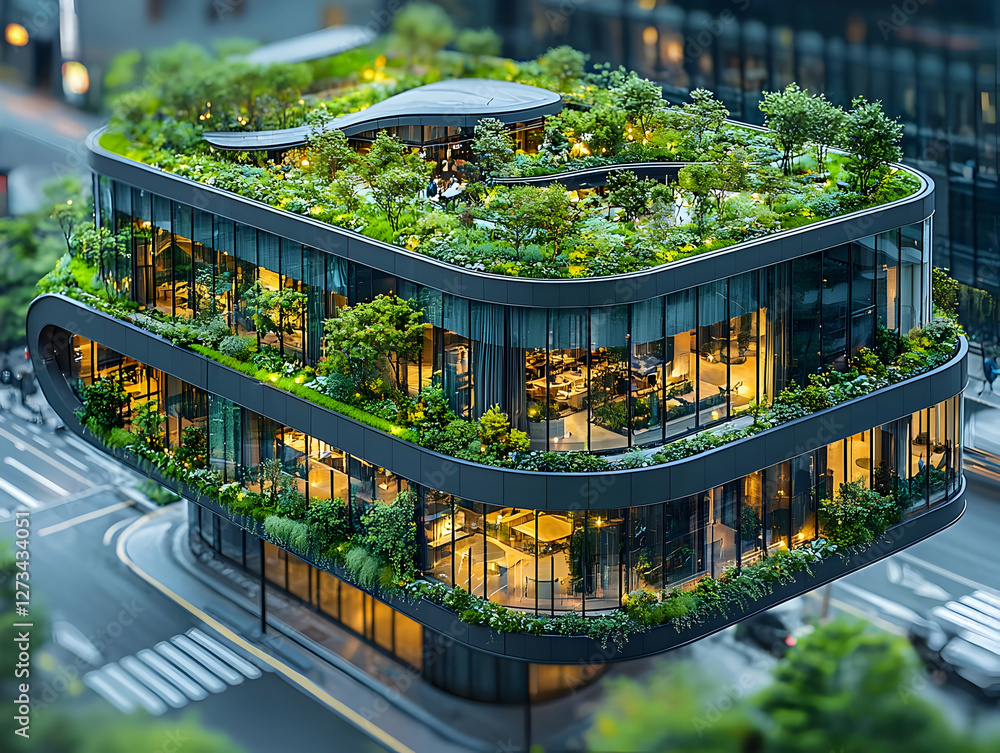Green Building Rooftop 3D Illustration Green Building Rooftop 3D Illustration