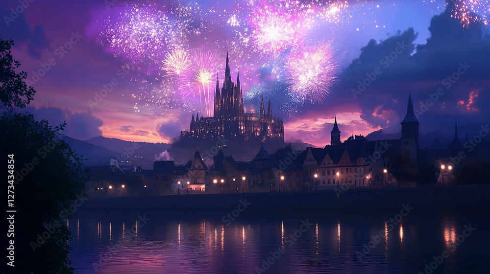 Naklejka premium Majestic castle over town with fireworks.