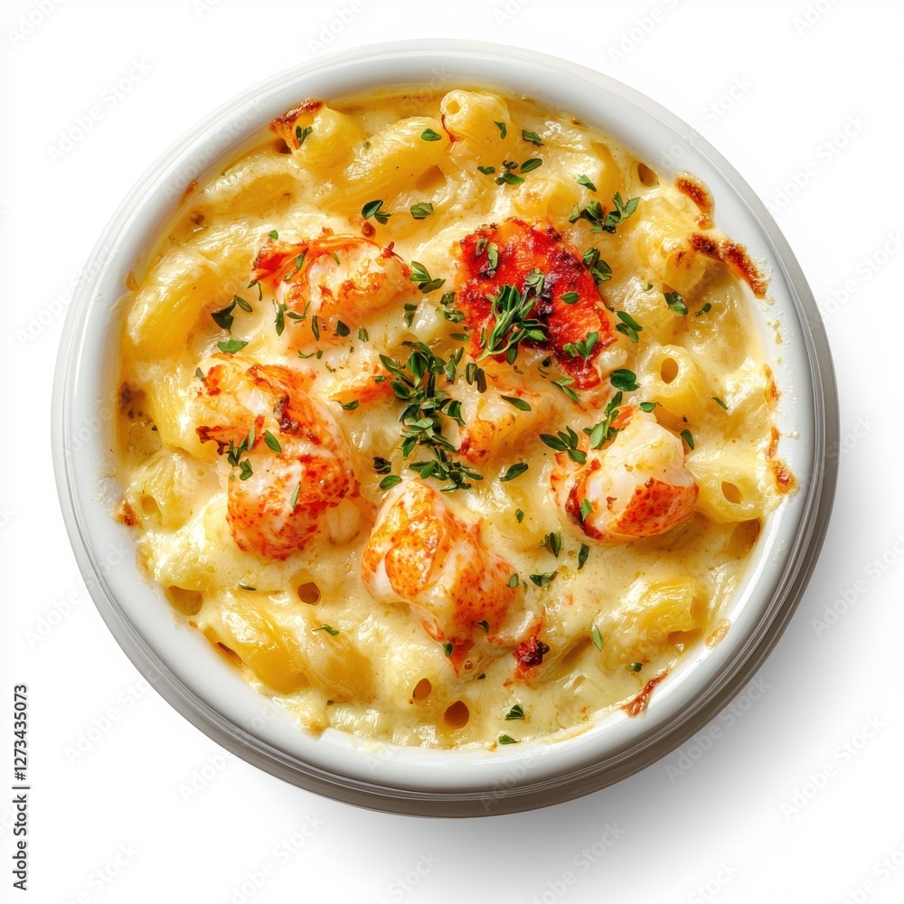 Extravagant lobster mac and cheese with creamy sauce isolated on white Extravagant lobster mac and cheese with creamy sauce isolated on white
