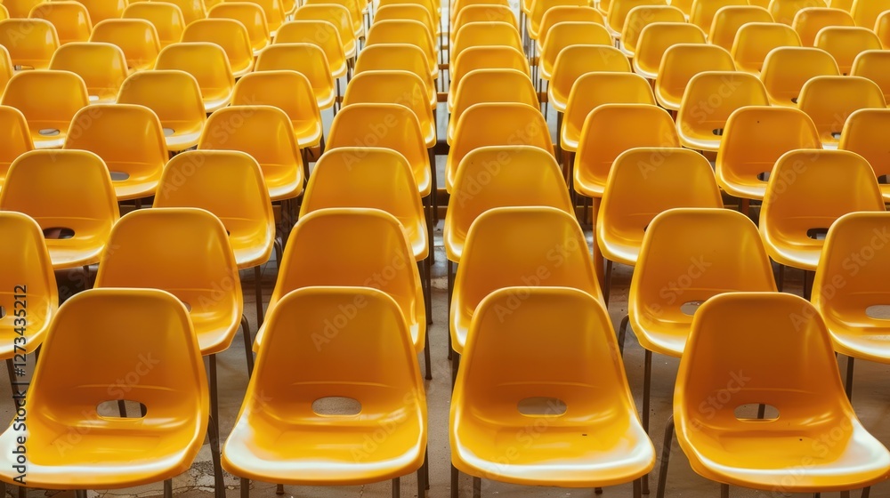 Naklejka premium Yellow plastic chairs with metal legs, arranged in rows, demonstrate the repeatability and simplicity of the design.