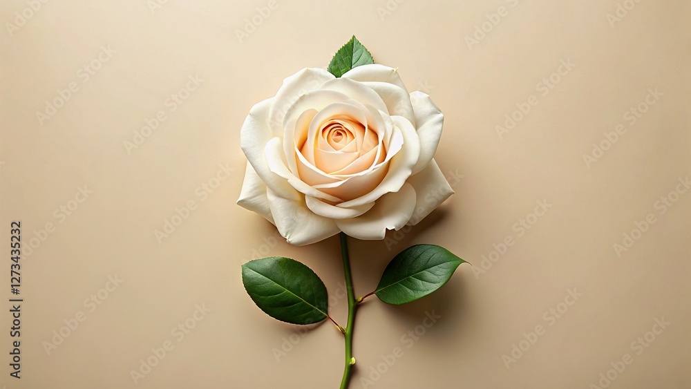 Fototapeta premium Elegant White Rose Flat Lay: Beige Background Stock Photo
