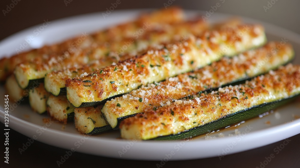 Baked zucchini slices topped with cheese and breadcrumbs on a plate. Baked zucchini slices topped with cheese and breadcrumbs on a plate.