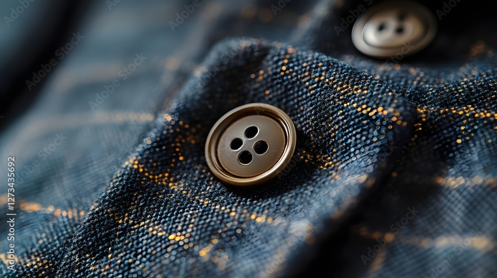 Close-up of a stylish fabric button on a textured blue garment showcasing intricate stitching details Close-up of a stylish fabric button on a textured blue garment showcasing intricate stitching details