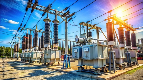 High Voltage Oil-Filled Power Transformer at Electrical Substation Under Blue Sky