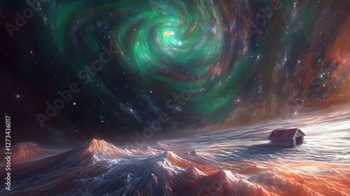 
The Northern Lights over a rugged Icelandic landscape, a small cabin in the foreground, vibrant green and purple auroras, ultra-detailed