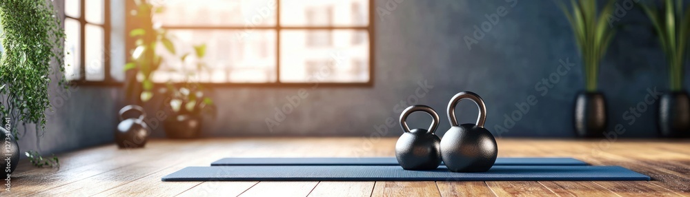Kettlebells and mats in a tranquil fitness studio Kettlebells and mats in a tranquil fitness studio