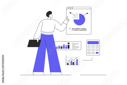 Financial data analysis, analytics, calculation concept. Character Man analyzes graphs, charts, dashboard, counting money. Flat Cartoon Vector Illustration, icon. Stylish abstract
