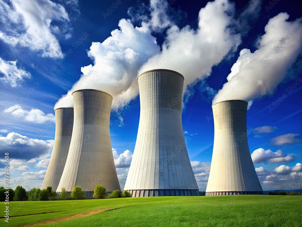 Majestic Nuclear Power Plant Cooling Towers under a Blue Sky - Stock Photo Majestic Nuclear Power Plant Cooling Towers under a Blue Sky - Stock Photo