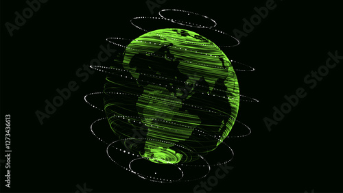 Vector abstract green sci-fi planet Earth with particles and lines. Technology network connection on world. Global digital connections ai. 3D virtual wireframe geometric sphere.