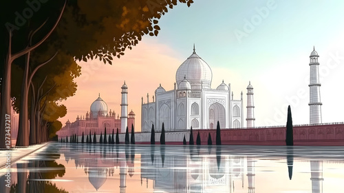 The Taj Mahal at dawn  reflecting in the water 