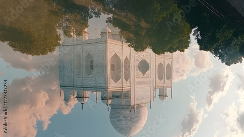 The Taj Mahal at dawn  reflecting in the water 