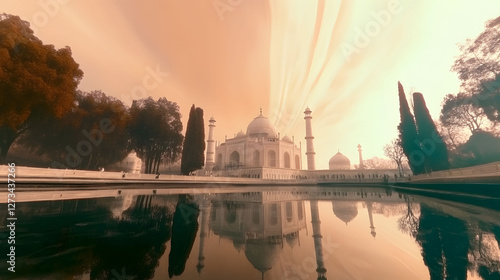 The Taj Mahal at dawn  reflecting in the water 
