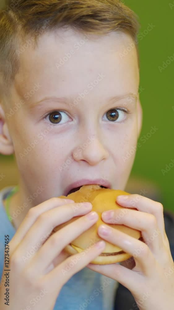 Young boy eating fries and burger sitting in cafe in city. Boy in a fast food cafe. Harmful nutrition Vertical video Young boy eating fries and burger sitting in cafe in city. Boy in a fast food cafe. Harmful nutrition Vertical video