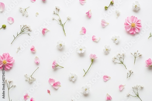 Delicate pink and white flowers arranged on a white surface