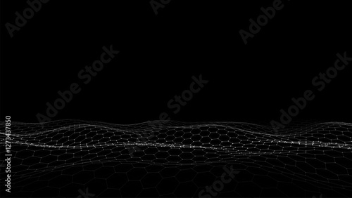 Vector glowing black hexagon wave with motion dots and lines. Abstract digital background. Concept connection big data. Futuristic technology backdrop. 3D rendering.