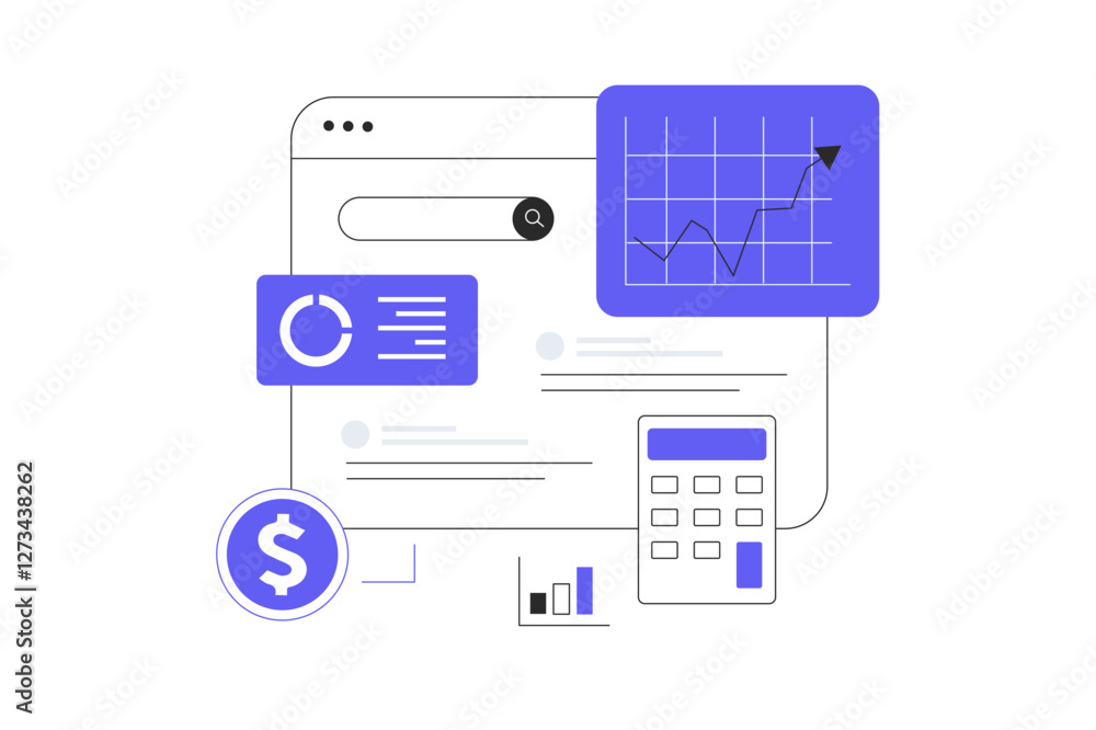 Search engine optimization SEO budget. Calculation of costs for website promotion. Analysis graphics and charts. Flat Cartoon Vector Illustration, icon. Stylish abstract Search engine optimization SEO budget. Calculation of costs for website promotion. Analysis graphics and charts. Flat Cartoon Vector Illustration, icon. Stylish abstract