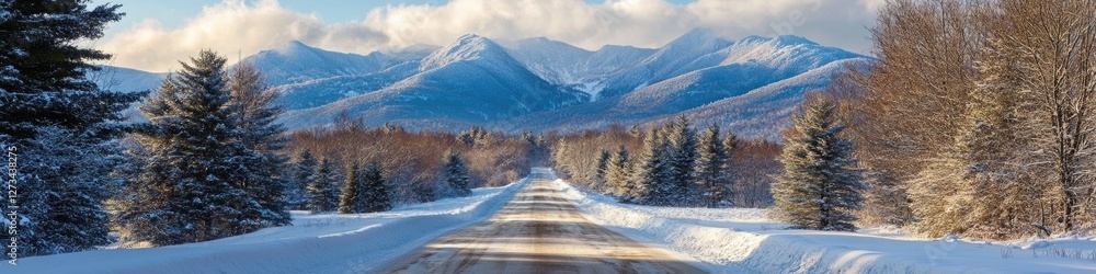 A snowy road surrounded by trees and mountains, perfect for winter scenes or outdoor activities A snowy road surrounded by trees and mountains, perfect for winter scenes or outdoor activities