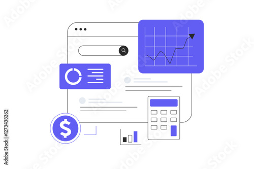 Search engine optimization SEO budget. Calculation of costs for website promotion. Analysis graphics and charts. Flat Cartoon Vector Illustration, icon. Stylish abstract