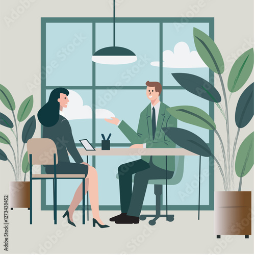 Office scene: A manager sitting in a chair at a desk, discussing something with a woman in a business suit sitting across. Vector illustration.